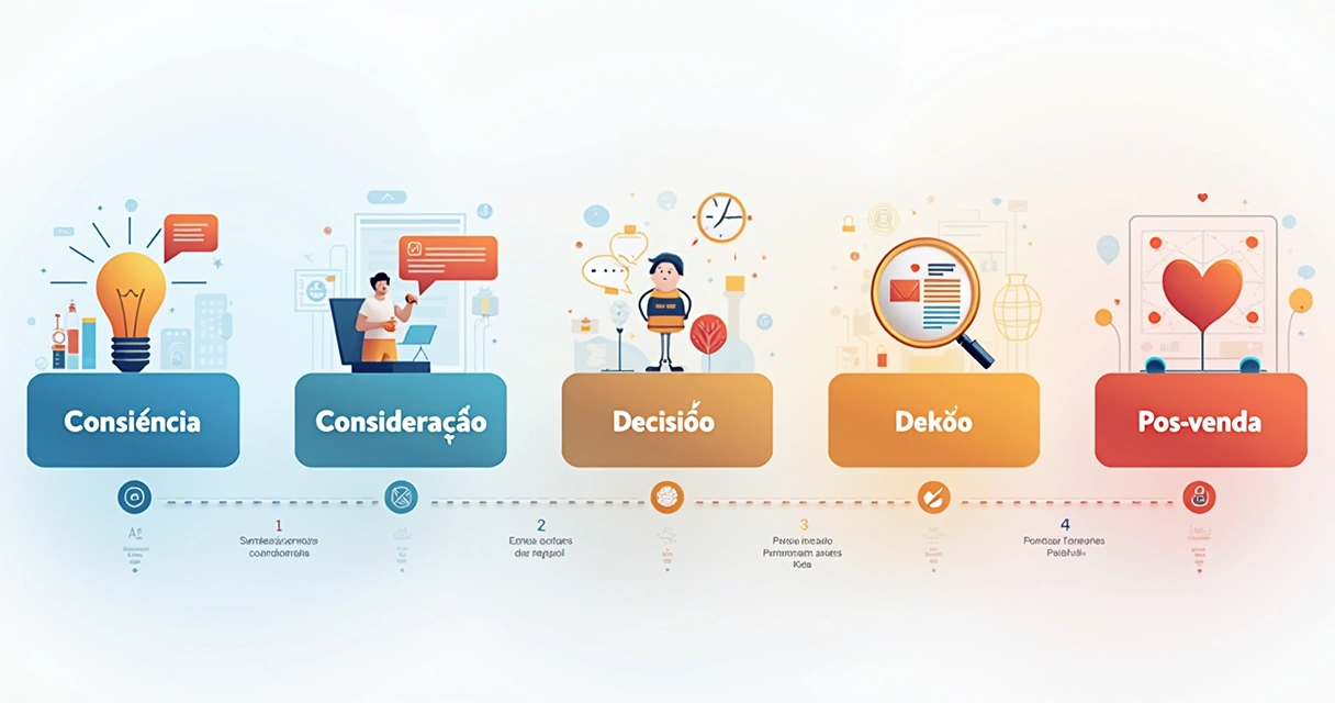 Gráfico ilustrando o mapa da jornada do comprador desde conscientização até pós-venda. 