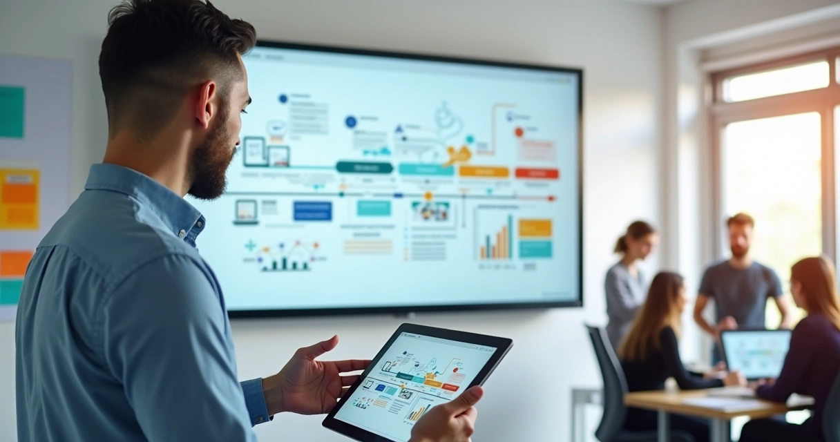 Profissional de marketing analisando mapa da jornada do cliente em tela grande com vários pontos de contato 
