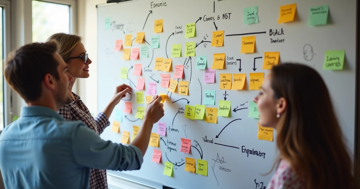 Mapa visual da jornada do aluno em um quadro branco, com post-its coloridos e setas 
