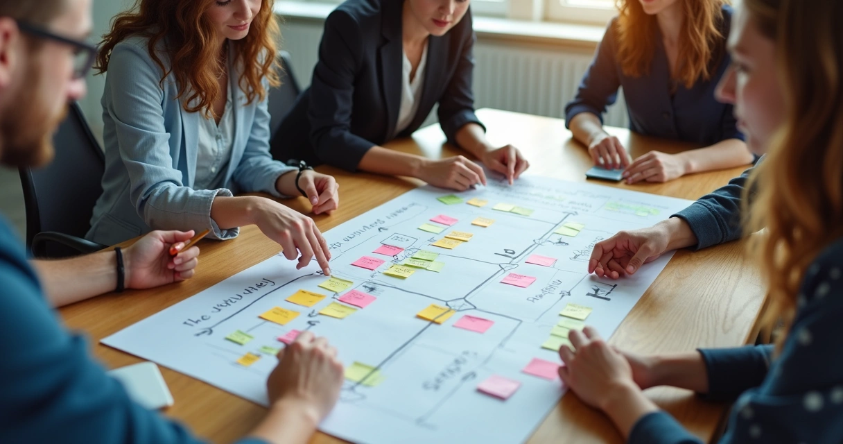 Mapa de jornada do cliente impresso em papel, post-its coloridos colados, uma pessoa apontando com caneta 