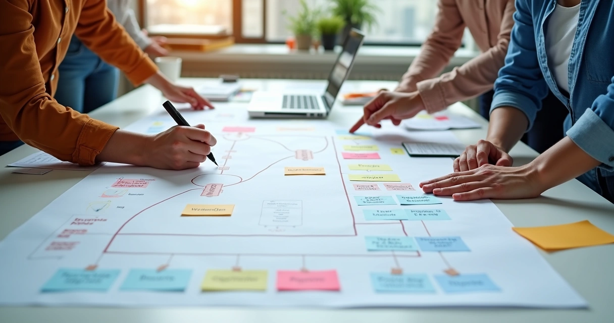 Equipe pequena monta mapa de jornada do cliente sobre mesa grande 