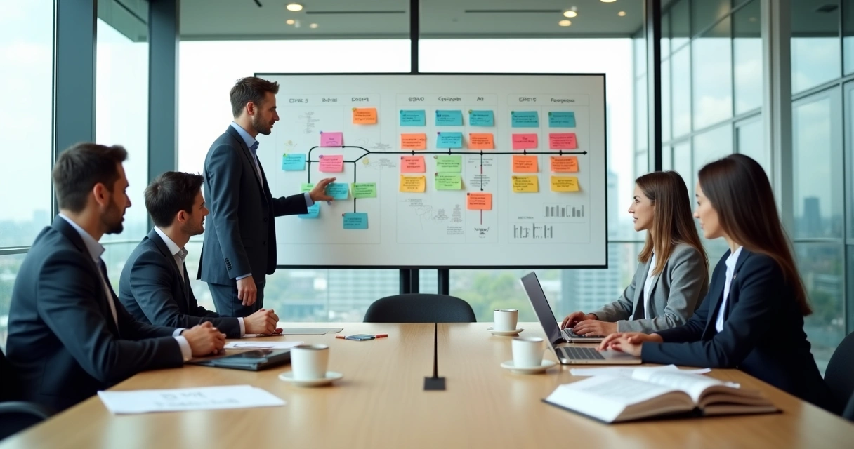 Murais com mapa visual de lançamento de serviço jurídico sendo montado por equipe em escritório moderno 