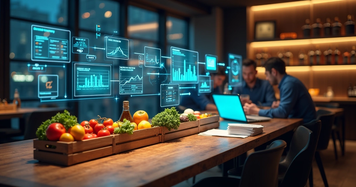 Vista aérea de três mesas conectadas por diagramas de KPIs de estoque em restaurante 
