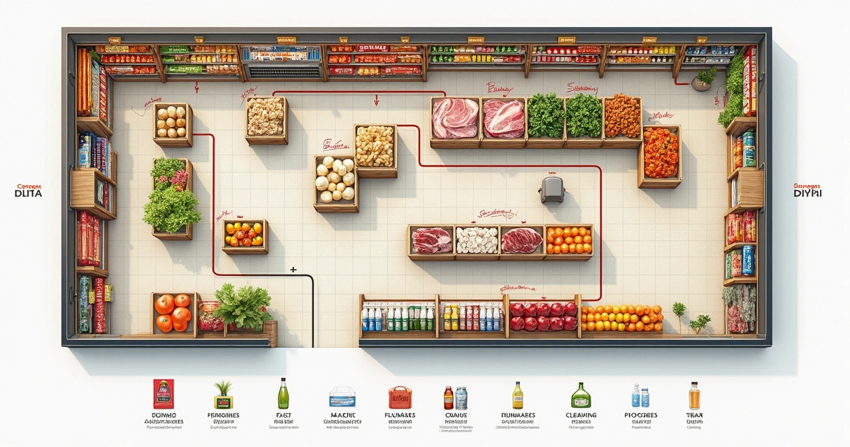 Mapa esquemático do layout de supermercado com setorização dos corredores e fluxo de clientes 