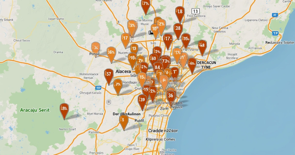 Mapa com clusters de imóveis em leilão em Sergipe, destacando Aracaju e cidades vizinhas, com pin markers coloridos por desconto e bairros sinalizados 