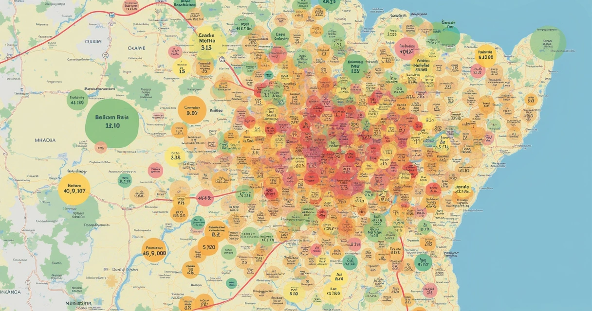 Mapa de Belém com ícones de casas em diferentes regiões, destacando áreas com maiores descontos 