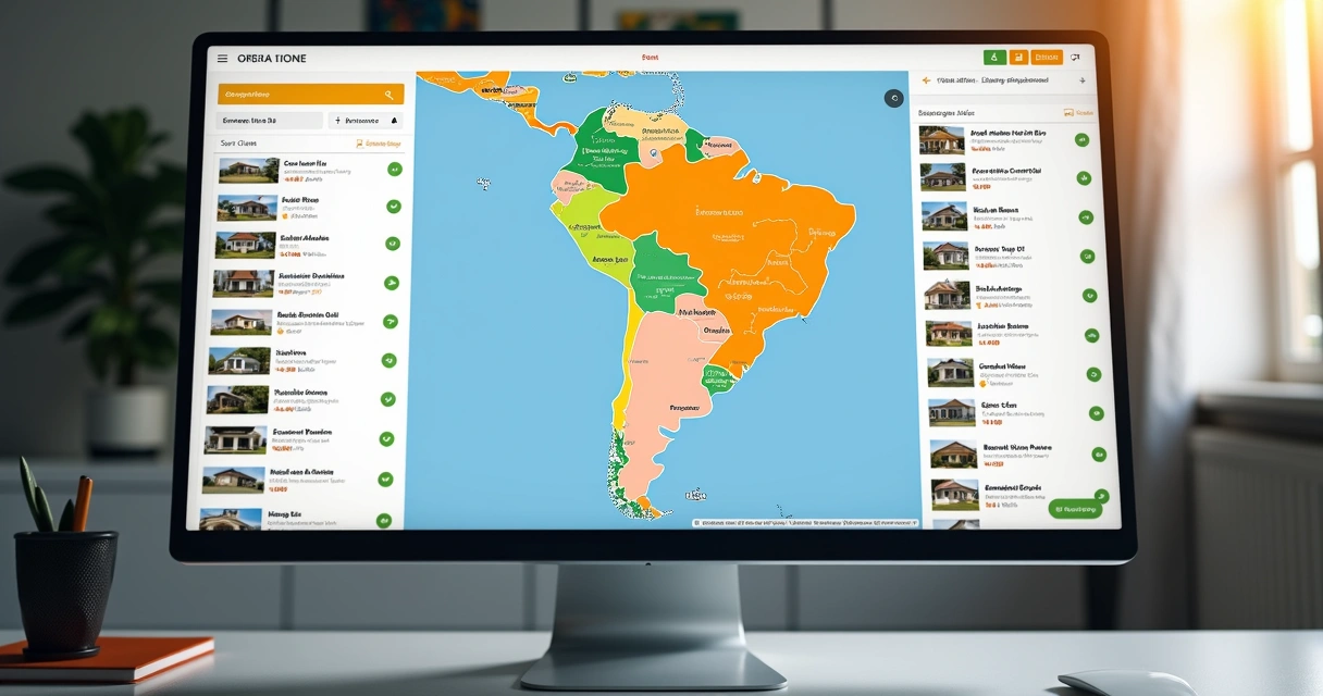 Tela de computador mostrando mapa interativo de leilões de imóveis com filtros e lista de propriedades à venda 