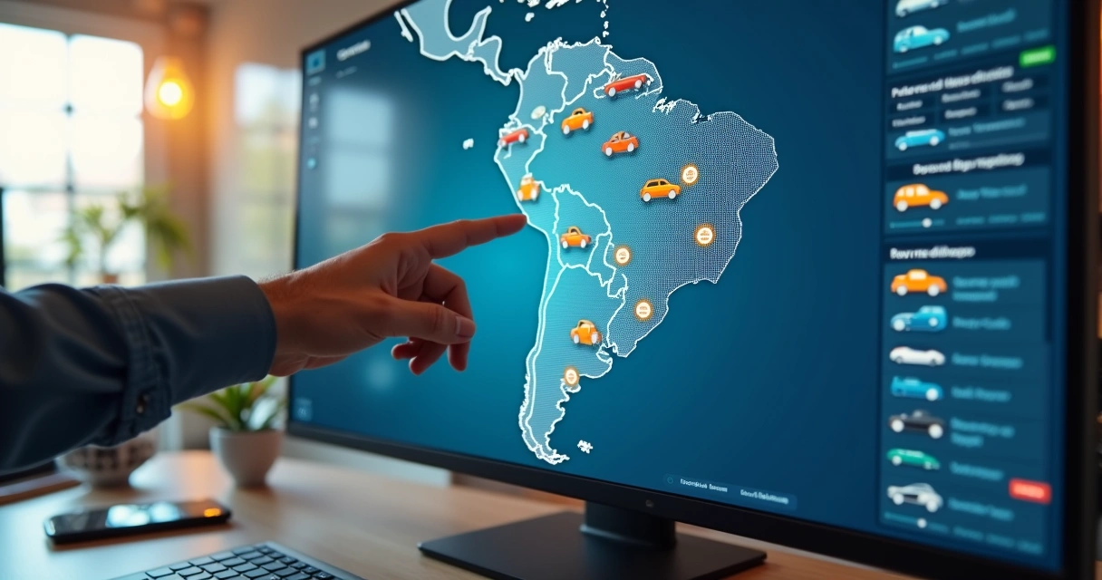 Mapa virtual mostrando diversos carros à venda em regiões do Brasil 