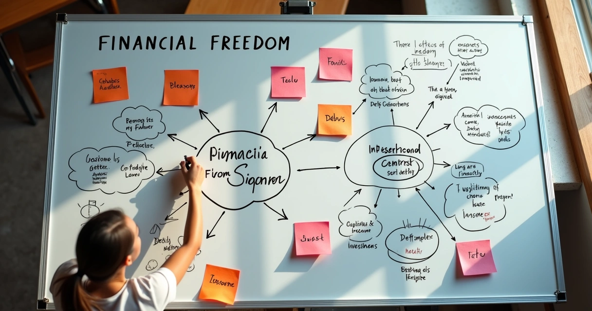 Mapa conceitual da liberdade financeira desenhado em quadro branco 