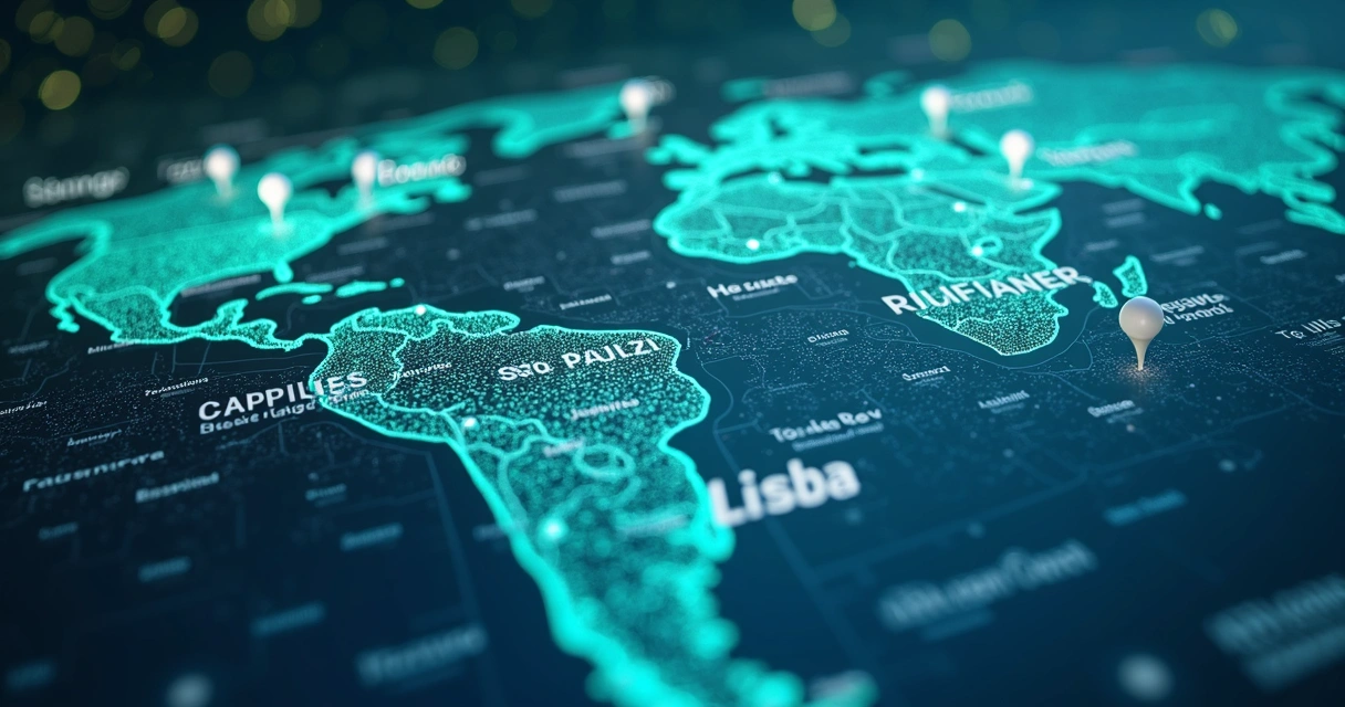 Mapa digital com destaque em cidades brasileiras e portuguesas 