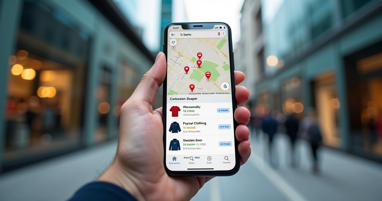 Tela de celular mostrando Google Maps com lojas de roupas próximas destacadas 