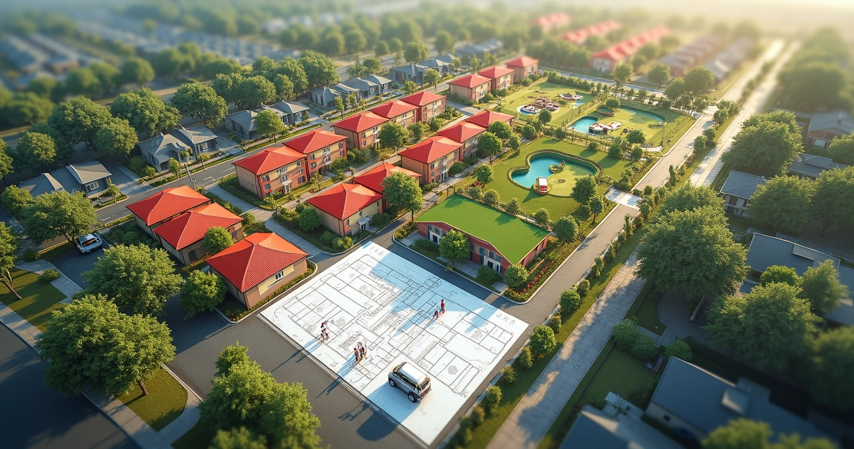 Planta de loteamento com ruas, quadras e áreas verdes 