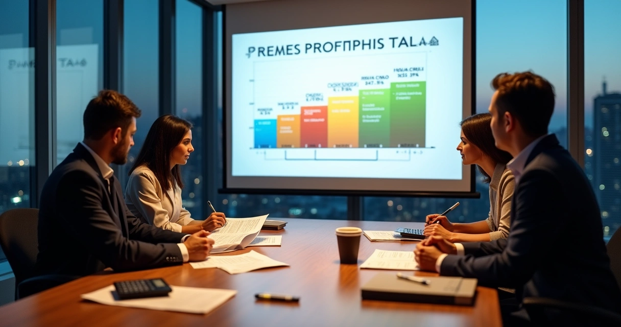 Mesa de reunião com infográfico de cálculo de lucro presumido projetado 