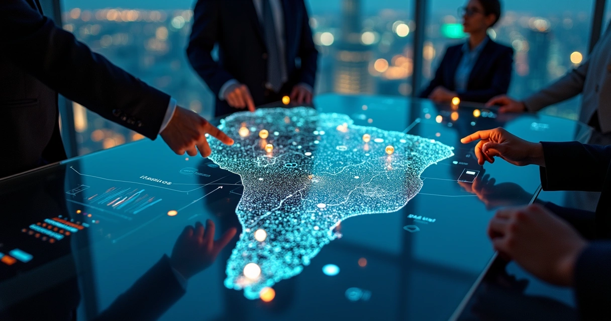 Mapa digital do Brasil com ícones de setores de tecnologia conectados por linhas de M&A 