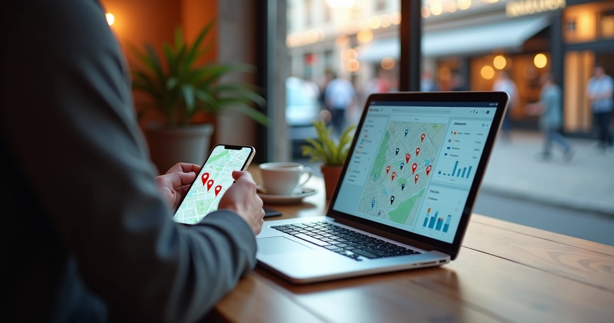 Mapa em smartphone mostrando negócio local em destaque com ícone de localização 