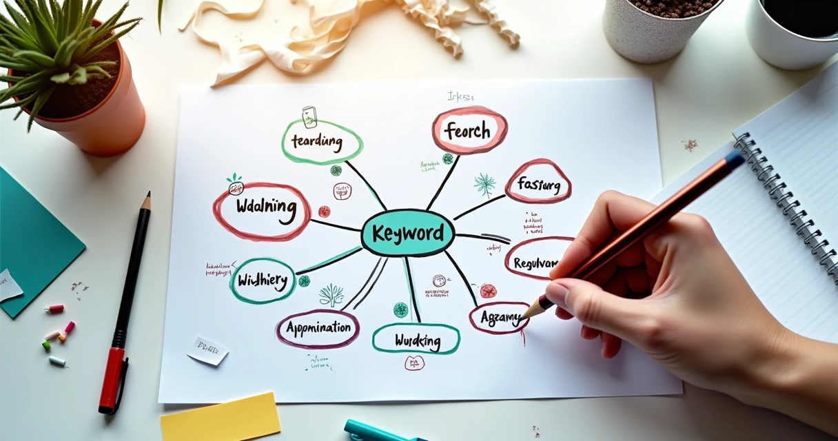 Mapa mental colorido em folha de papel, com várias setas e palavras-chave