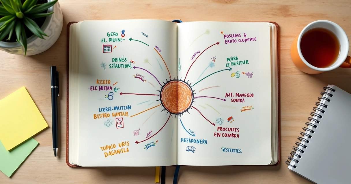 Caderno com mapa mental colorido sobre mesa de trabalho 