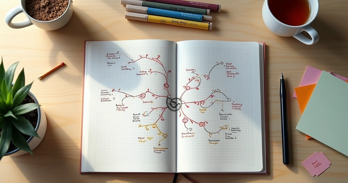 Caderno com mapa mental colorido sobre mesa clara