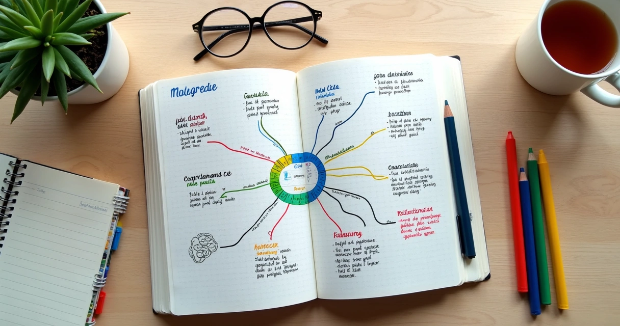 Caderno com mapa mental colorido sobre rotina e emoções 