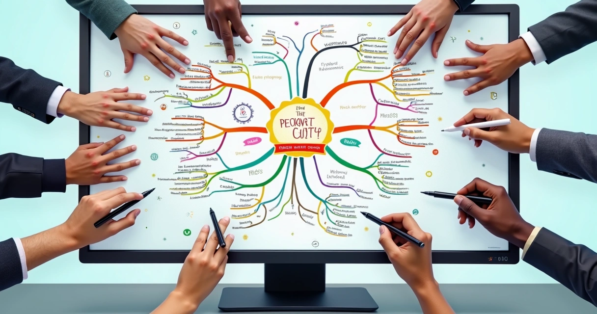 Mapa mental digital com tópicos coloridos sendo editados por várias pessoas ao mesmo tempo. 