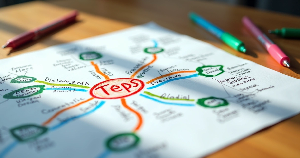 Mapa mental colorido em folha de papel sobre uma mesa 