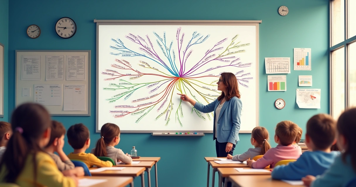 Mapa mental colorido ligando conceitos em sala de aula 