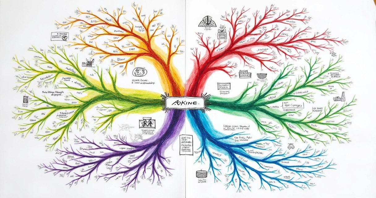 Mapa mental colorido com vários tópicos conectados 