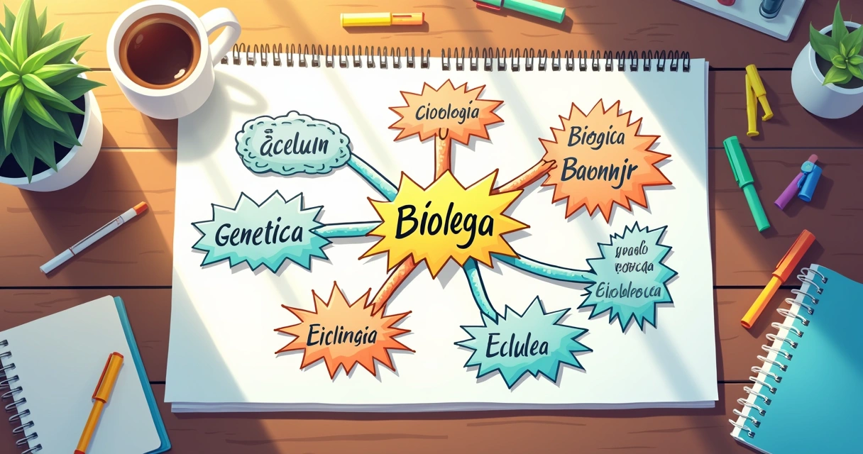 Mapa mental colorido com anotações sobre biologia
