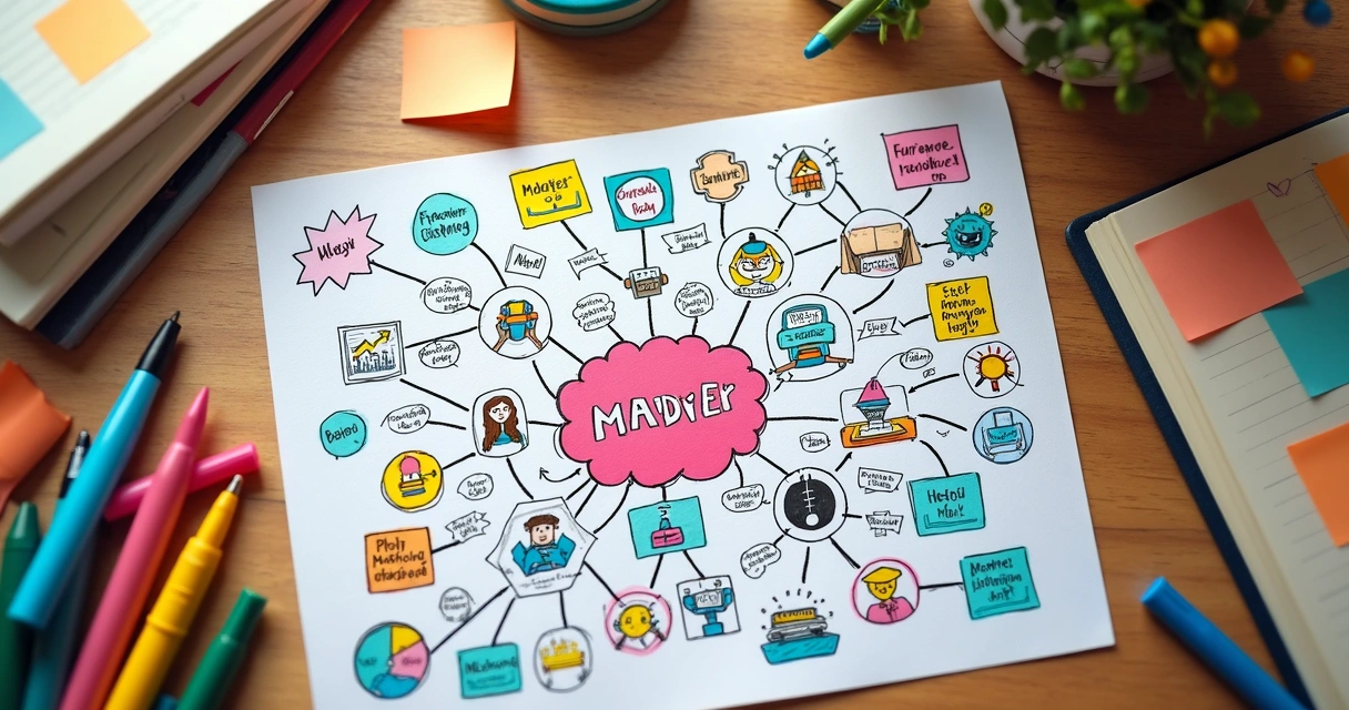 Mapa mental colorido feito à mão sobre folha branca