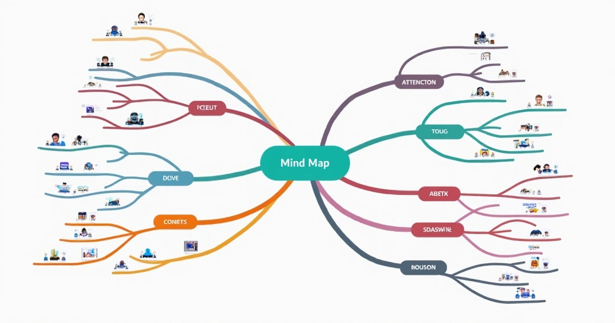 Mapa mental com conexões cruzadas e setas entre tópicos 
