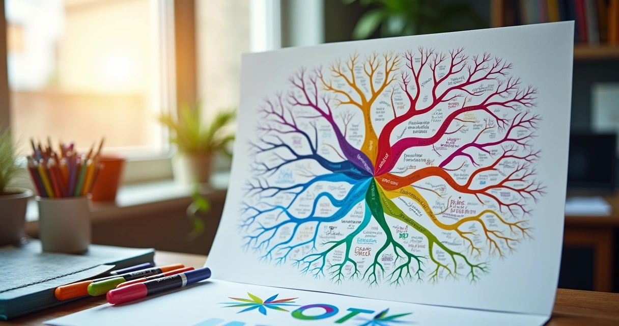 Mapa mental com várias cores e símbolos diferentes