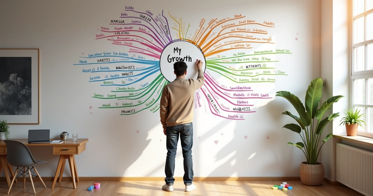 Pessoa organizando mapa mental colorido em grande parede branca 