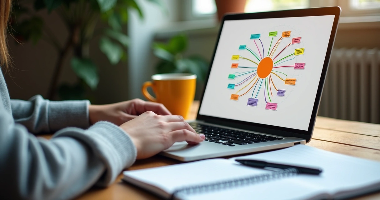 Mapa mental colorido digital em tela de notebook ao lado de caderno 