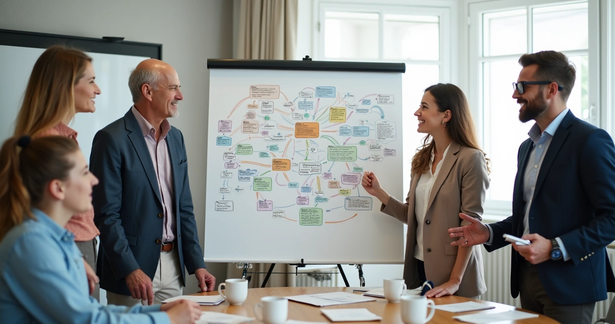 Grupo discutindo em torno de quadro branco com mapa mental desenhado 