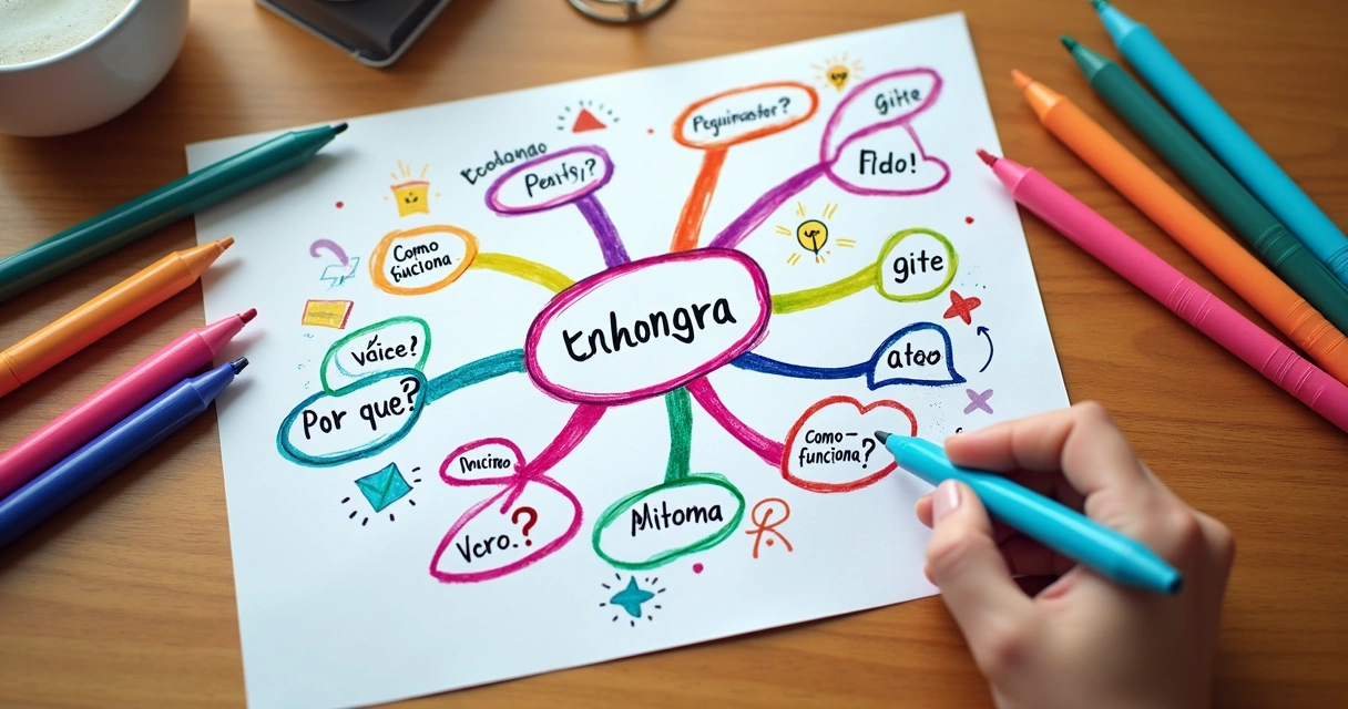 Mapa mental colorido com perguntas escritas e ligações entre conceitos 