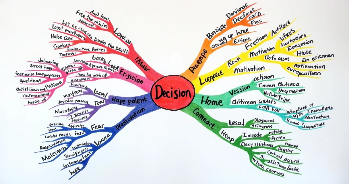 Mapa mental hecho a mano que conecta emociones y pensamientos en torno a una decisión
