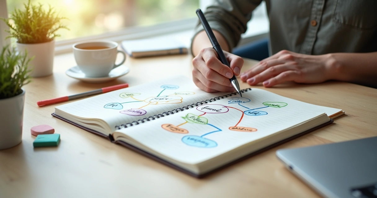 Persona creando un mapa mental de emociones y decisiones en un cuaderno 