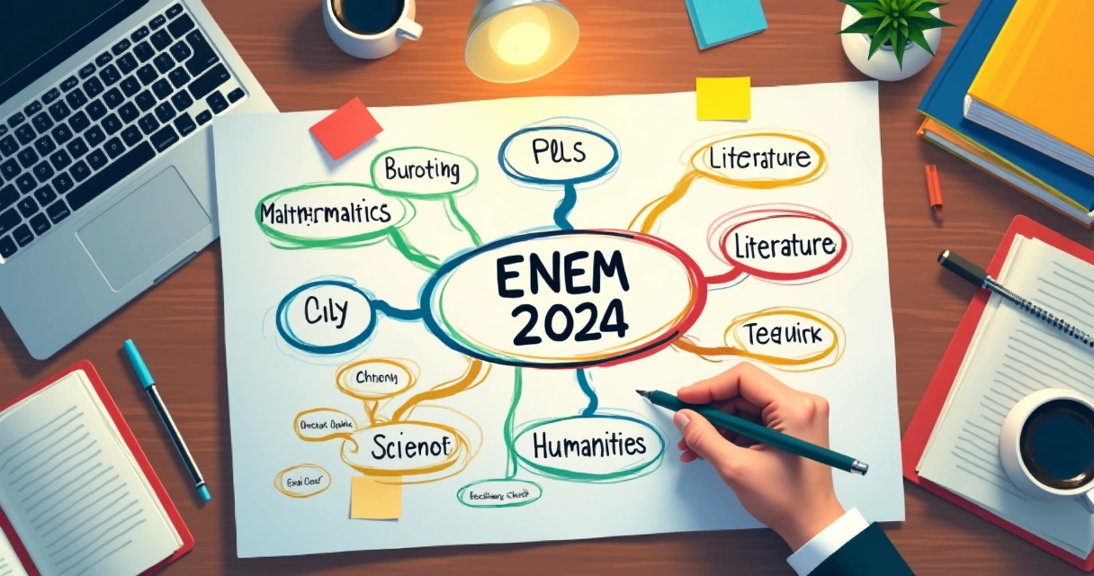 Mapa mental colorido feito à mão com canetas e folhas, mostrando temas interligados 