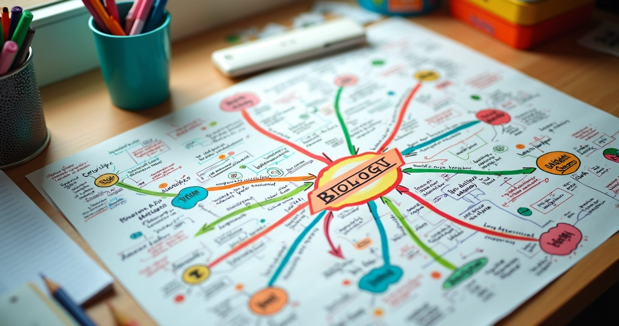 Mapa mental colorido com setas e tópicos interligados sobre uma folha
