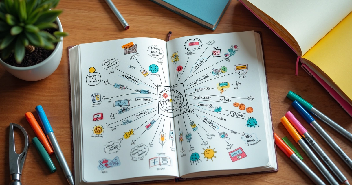 Mapa mental colorido em caderno aberto