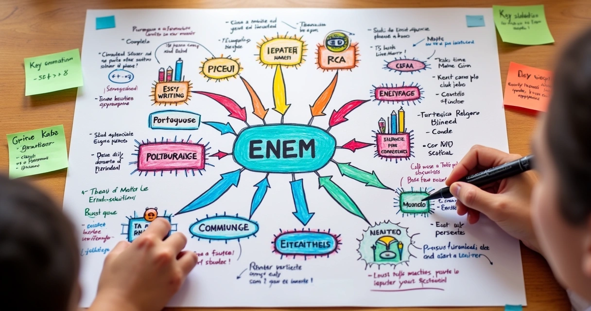 Mapa mental colorido sobre conteúdos do Enem desenhado à mão. 