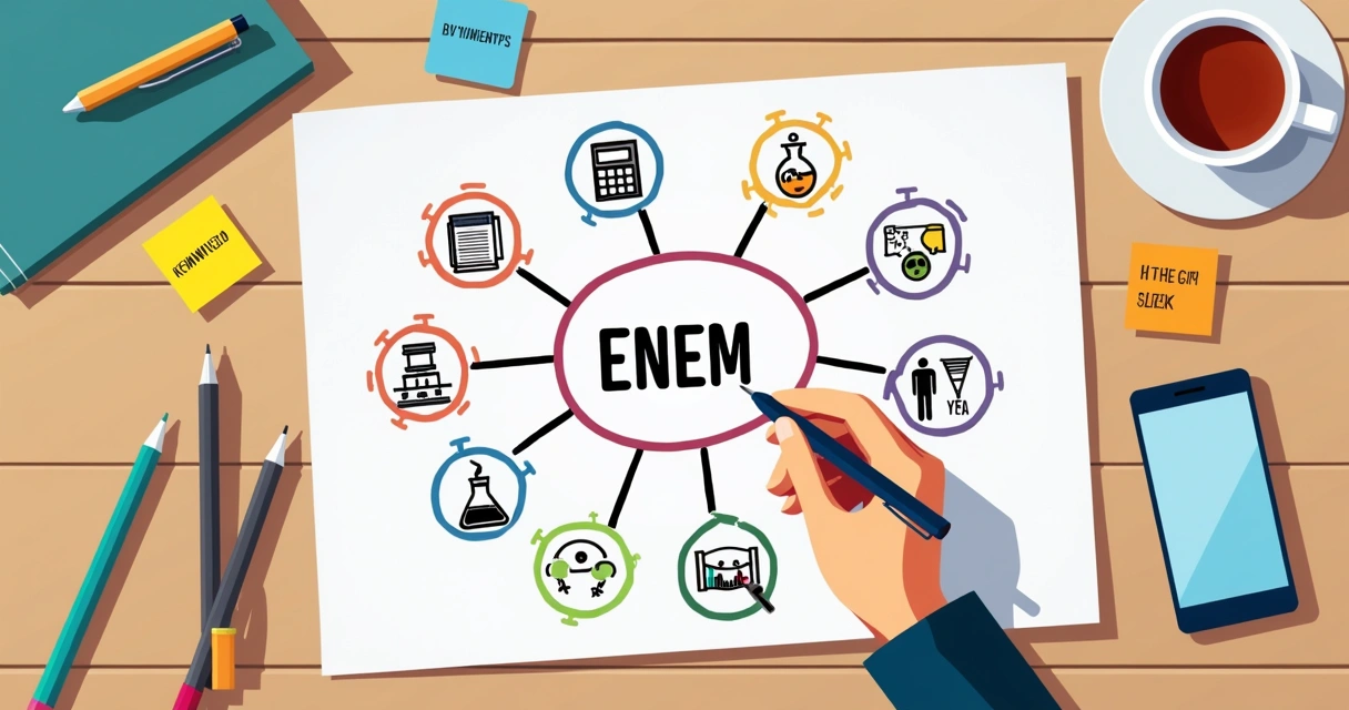 Mapa mental colorido de matérias do ENEM desenhado em folha