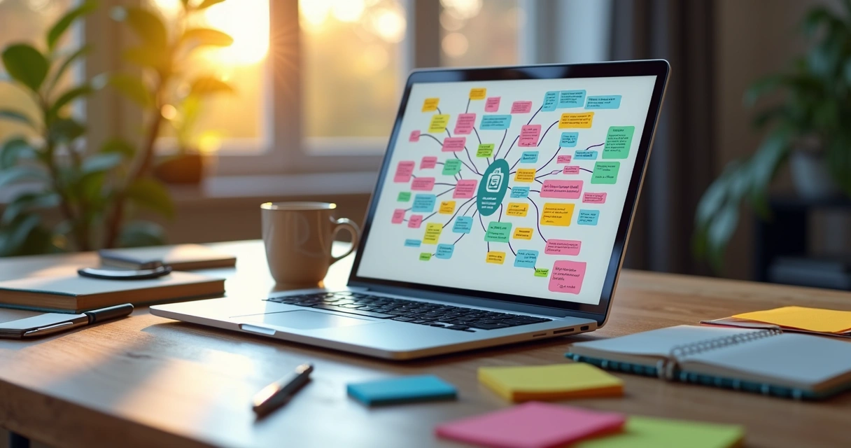 Mesa com laptop aberto mostrando mapa mental digital colorido e notas ao redor para organizar projetos digitais 