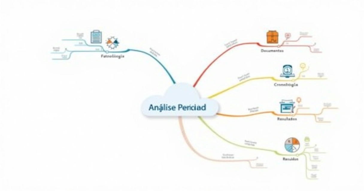 Mapa mental colorido de um processo pericial com ramificações claras, no fundo branco 