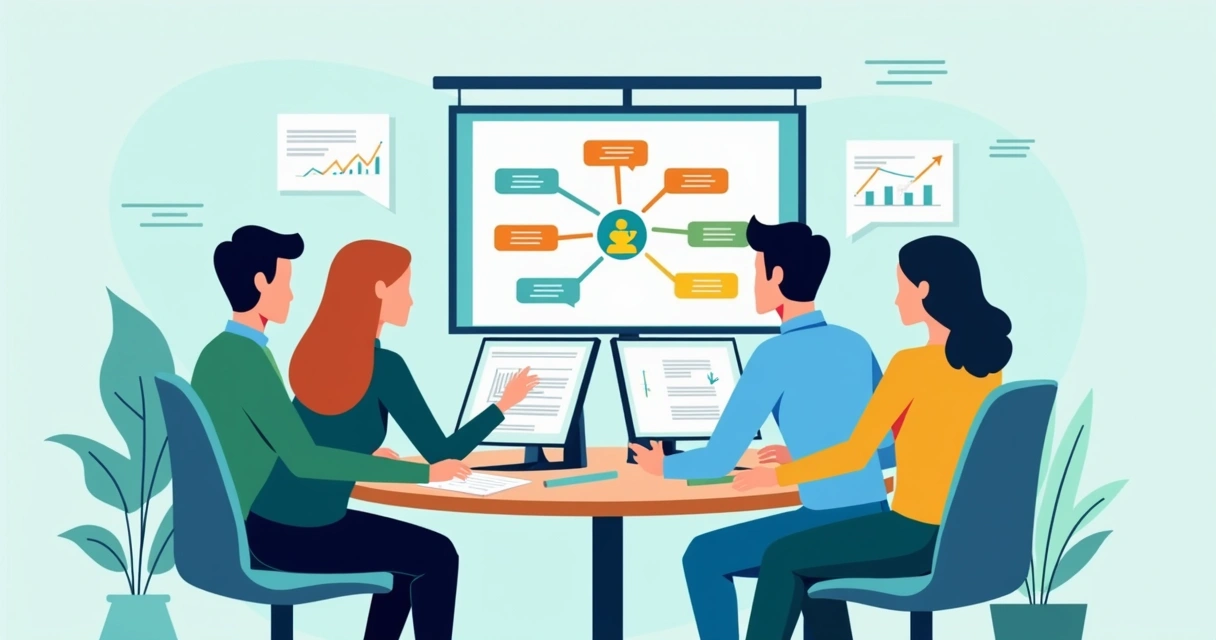 Mapa mental digital sendo criado por equipe em escritório 