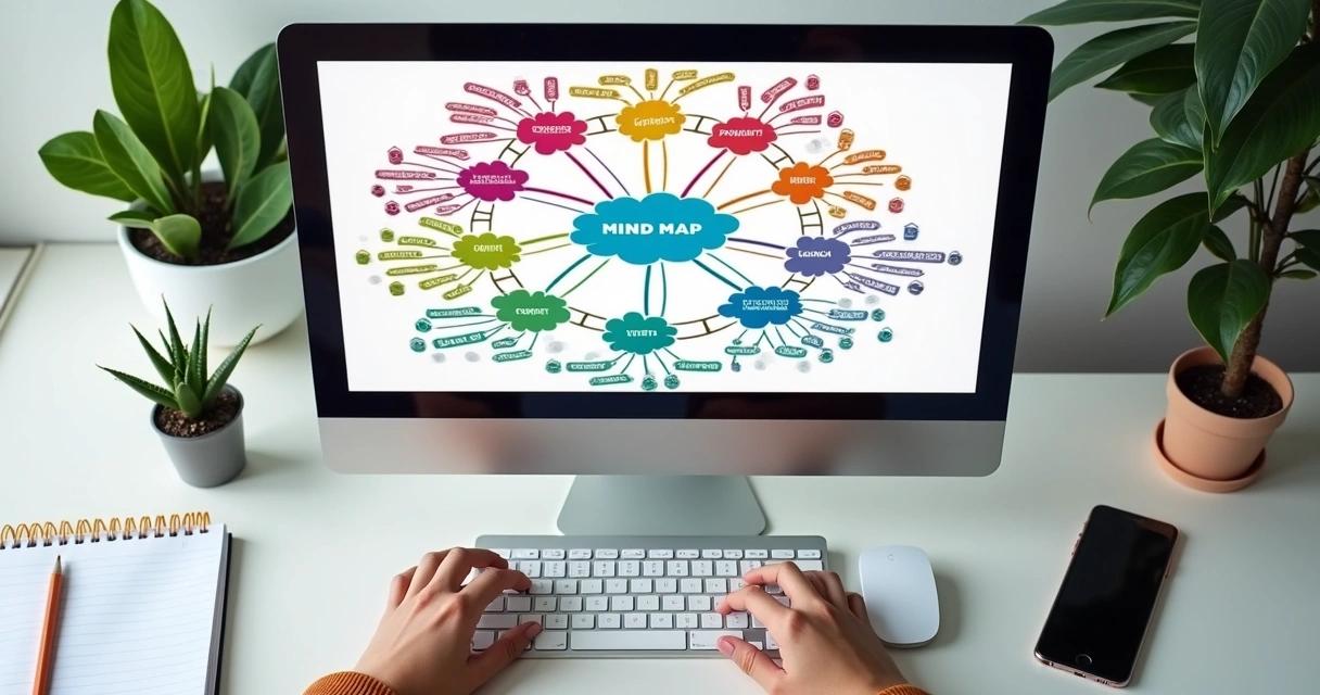 Estrutura visual colorida de mapa mental digital com conexões e tópicos em computador 