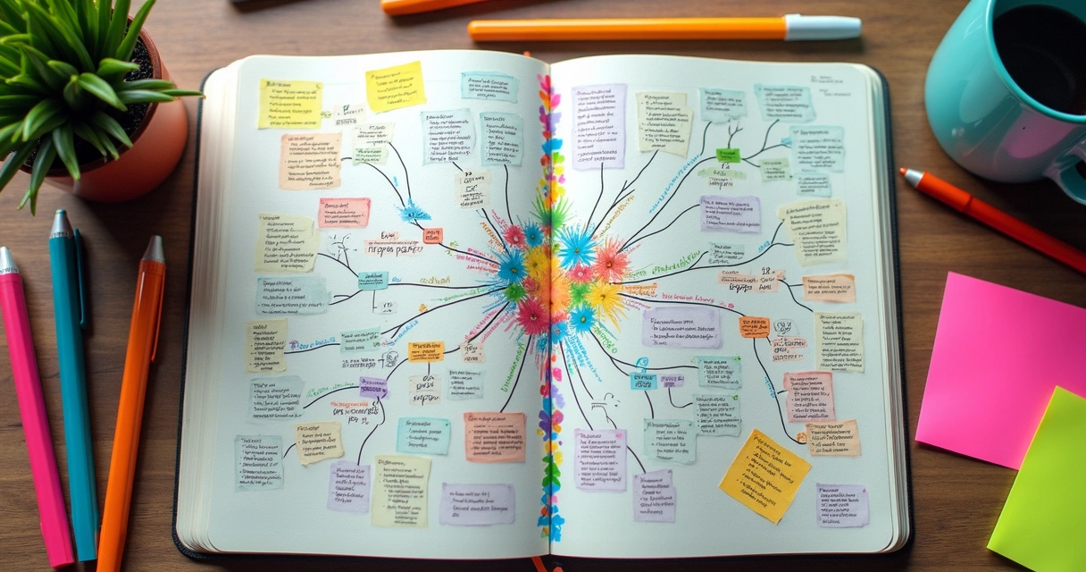 Mapa mental colorido em caderno com canetas coloridas em volta 
