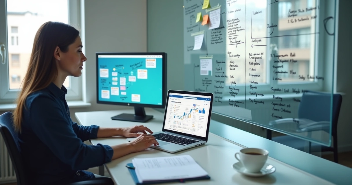 Mentor organizando mapa de mentoria em notebook e quadro 