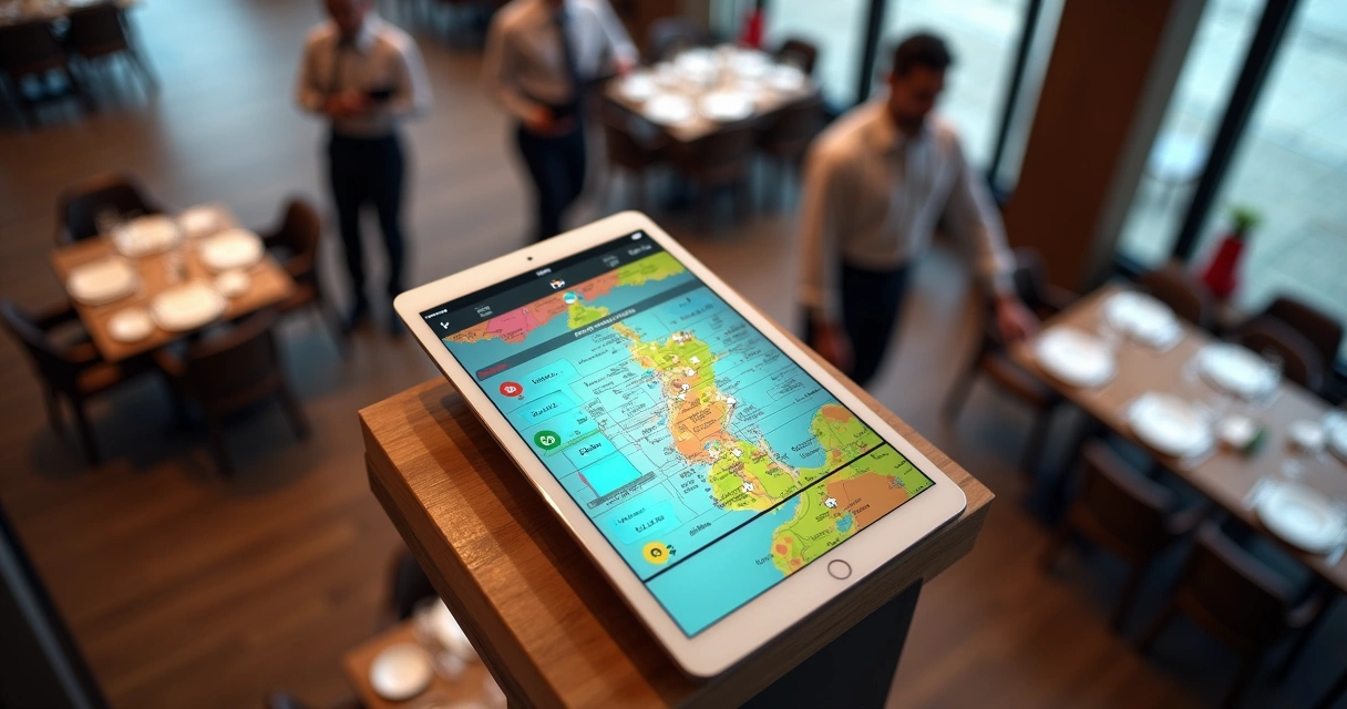 Mapa digital de mesas em restaurante moderno