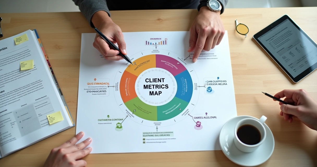 Mapa visual com cinco métricas de onboarding representadas por ícones sobre mesa de escritório contábil 